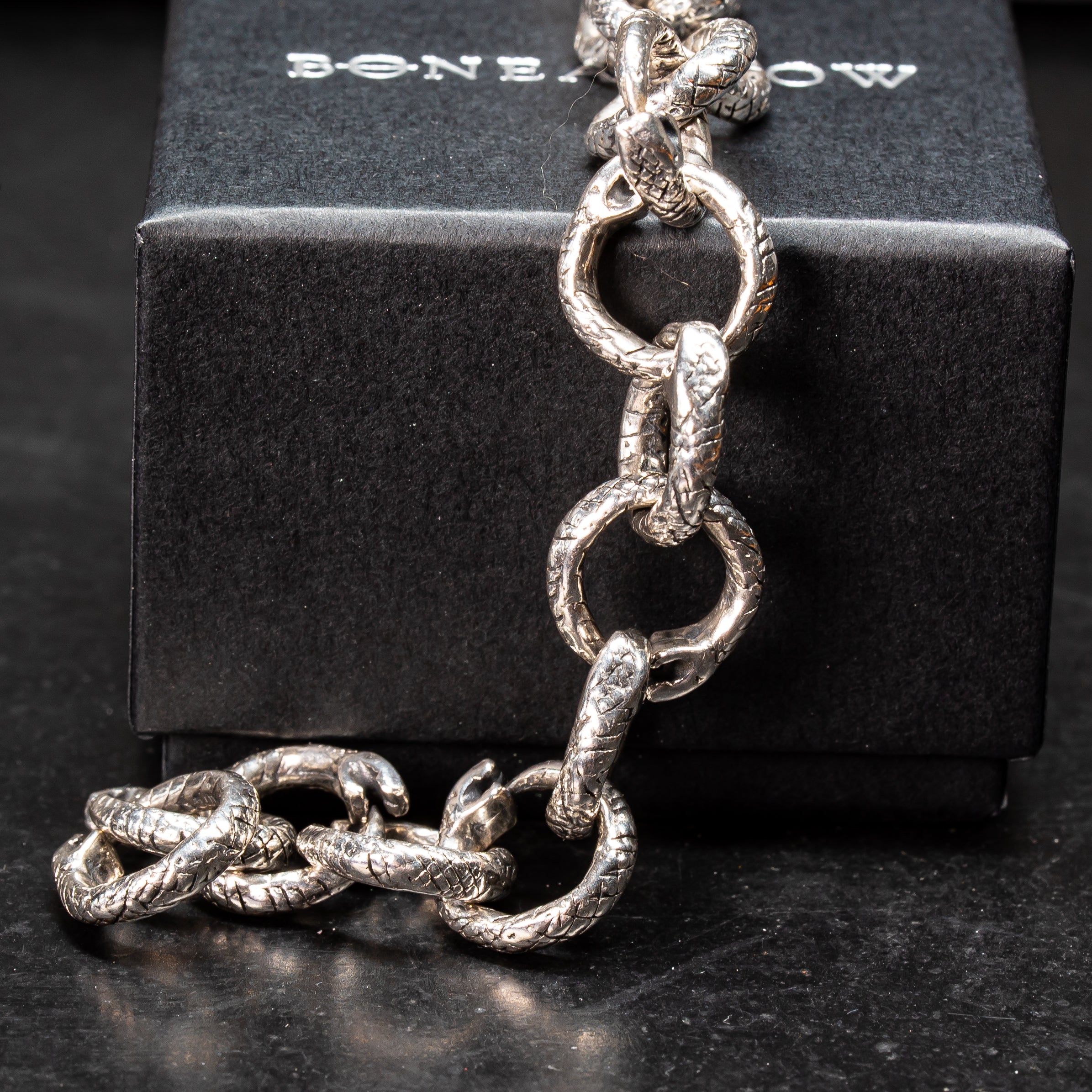detail close up of individual steering silver snakes linking to make a chunky chain necklace on a bonearrow jewellery box on a black background