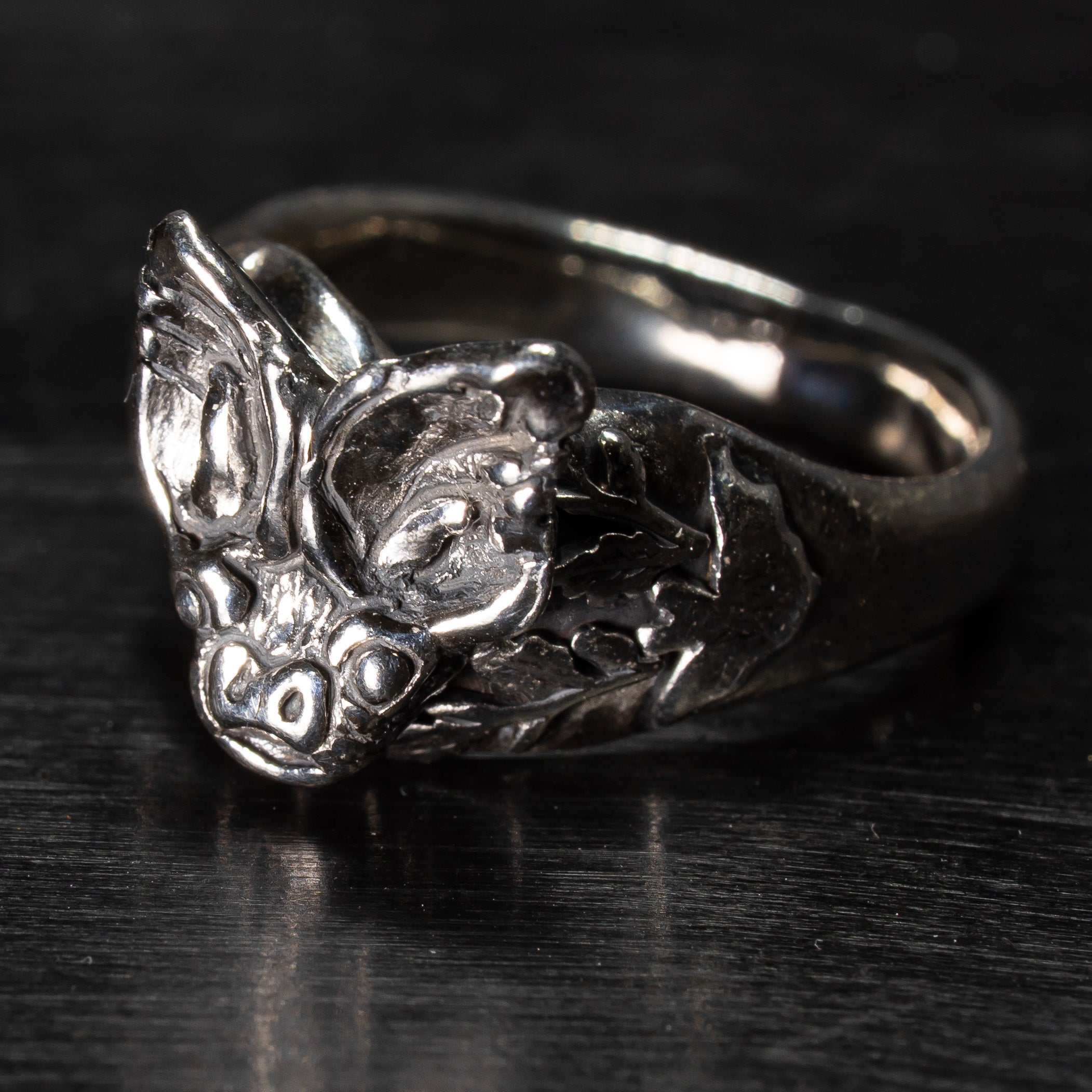 Gothic Barbastelle Bat Signet Ring in silver