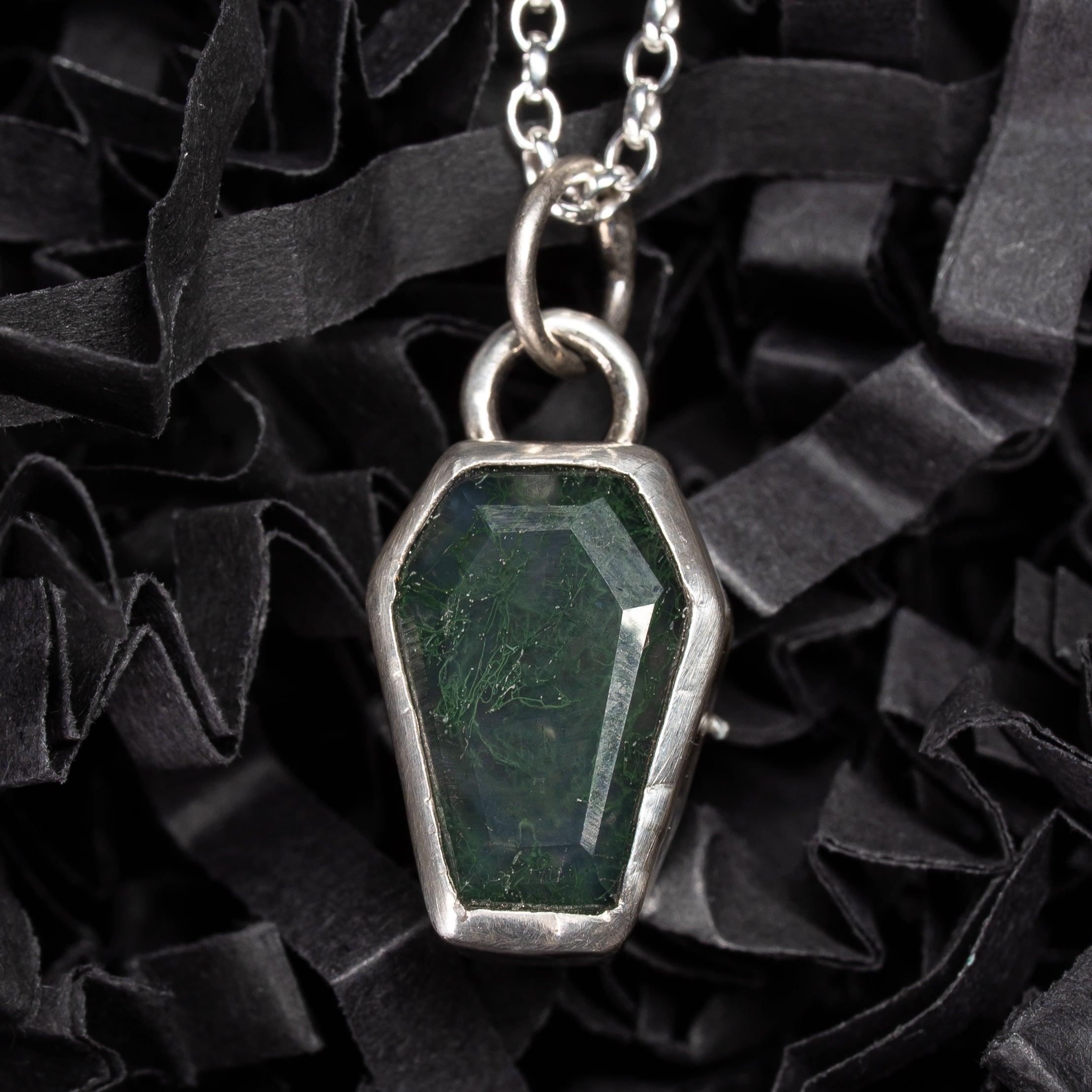 Moss Agate Coffin Spider Back Pendant