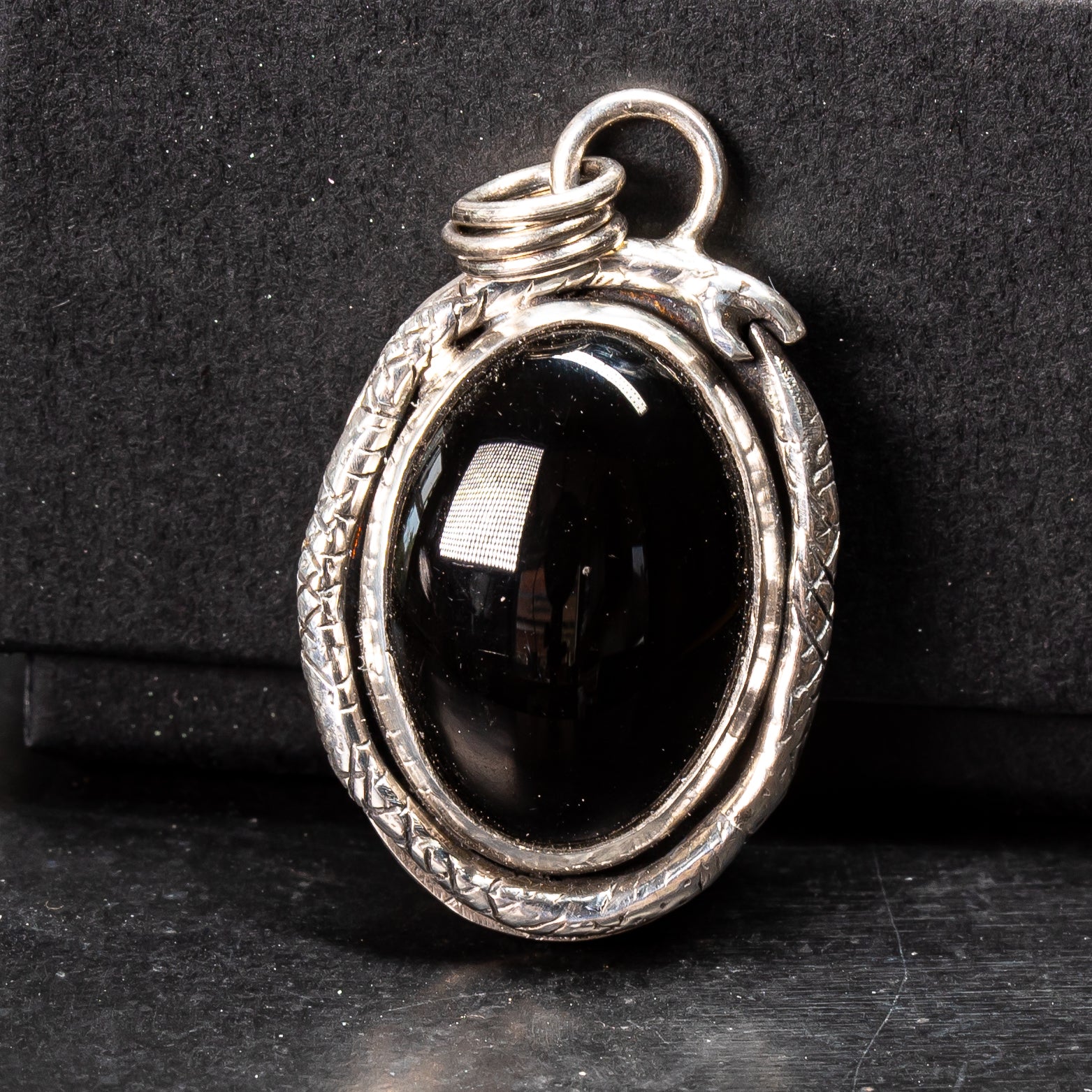 Black Onyx Snake Pendant with Lily of the Valley