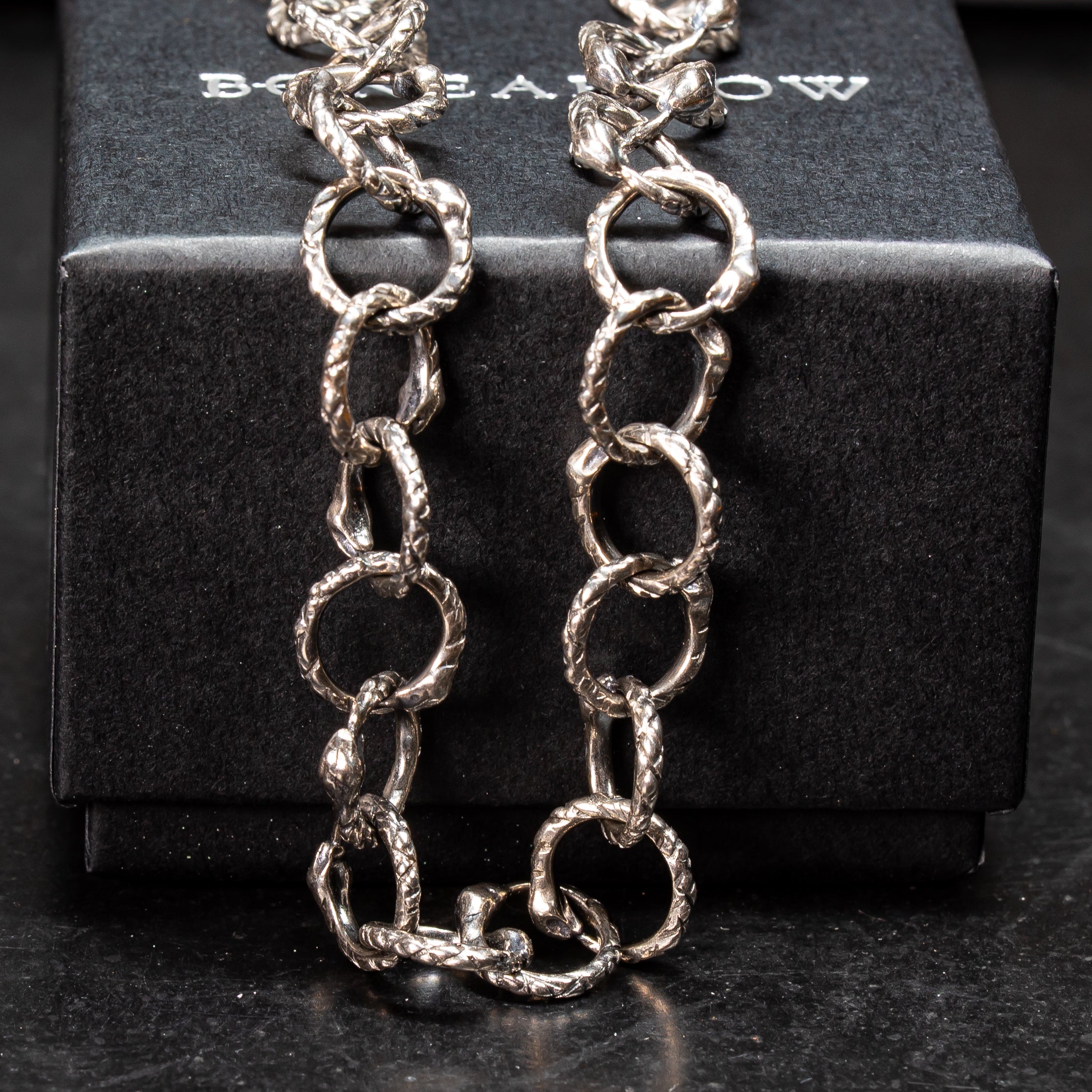 Alternative snake chain link necklace with bonearrow box in the background
