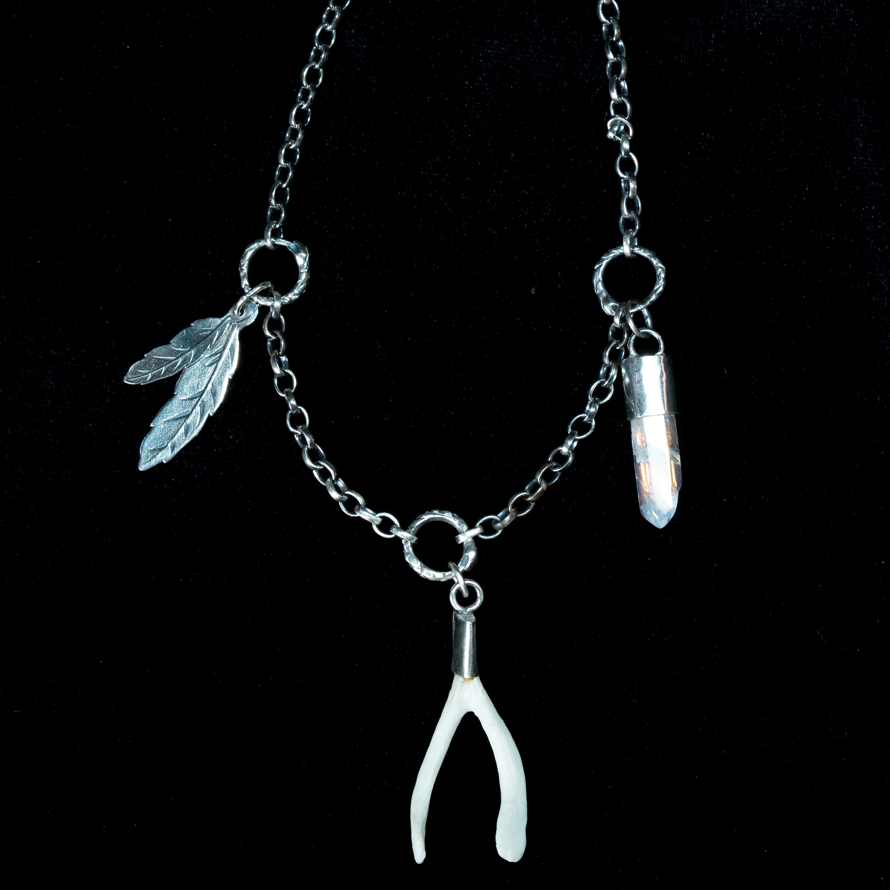 handmade one of a kind lucky charm chain  with clear quartz and silver feathers