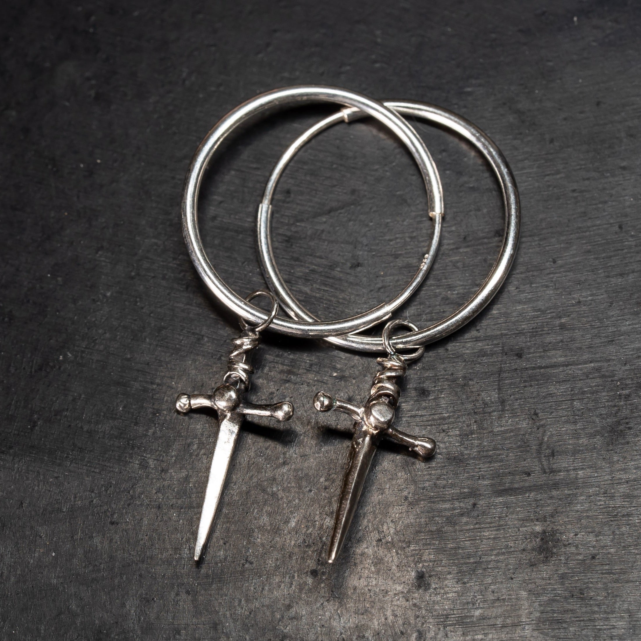 handmade gothic dagger hoop earrings