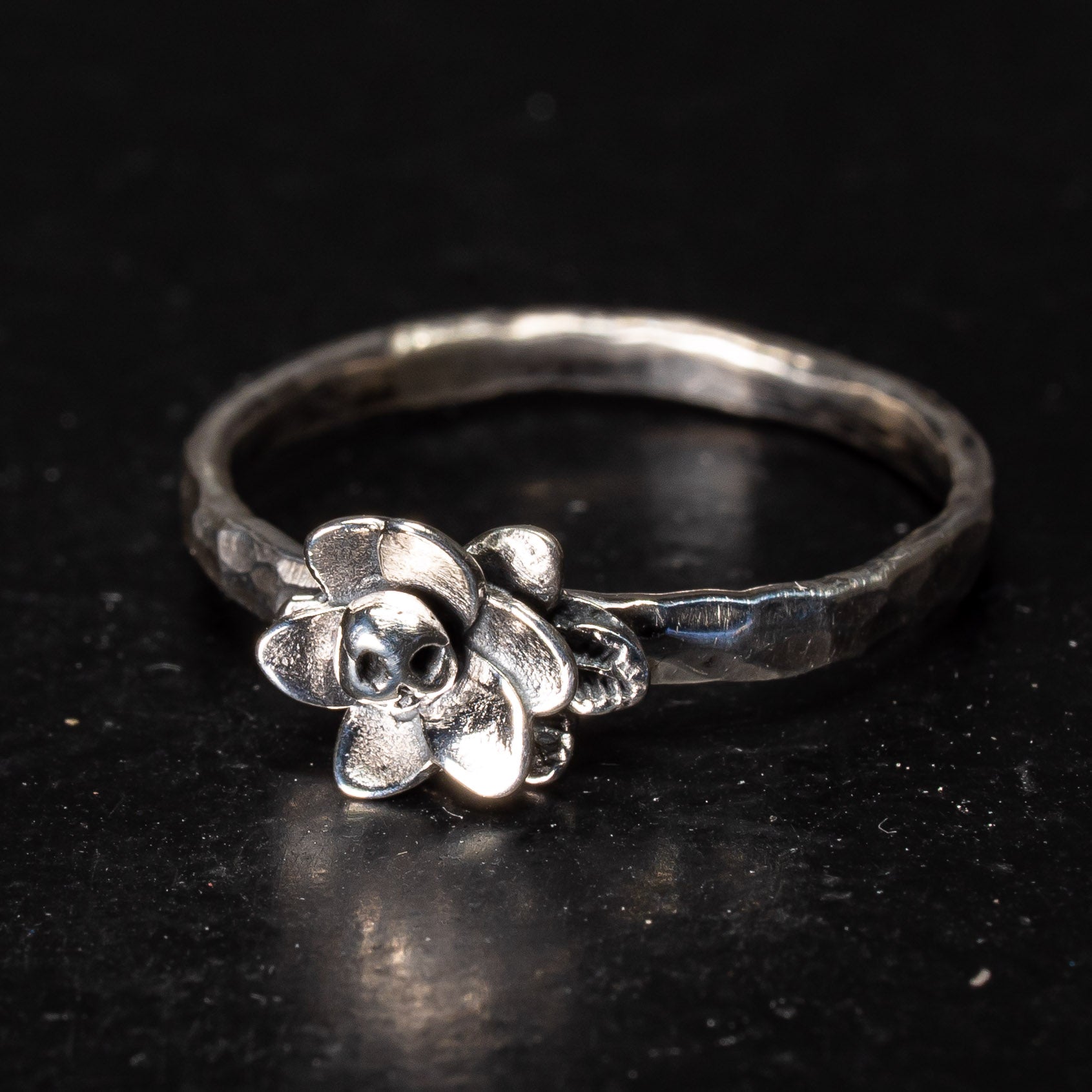 Silver Belladonna ring with skull detail