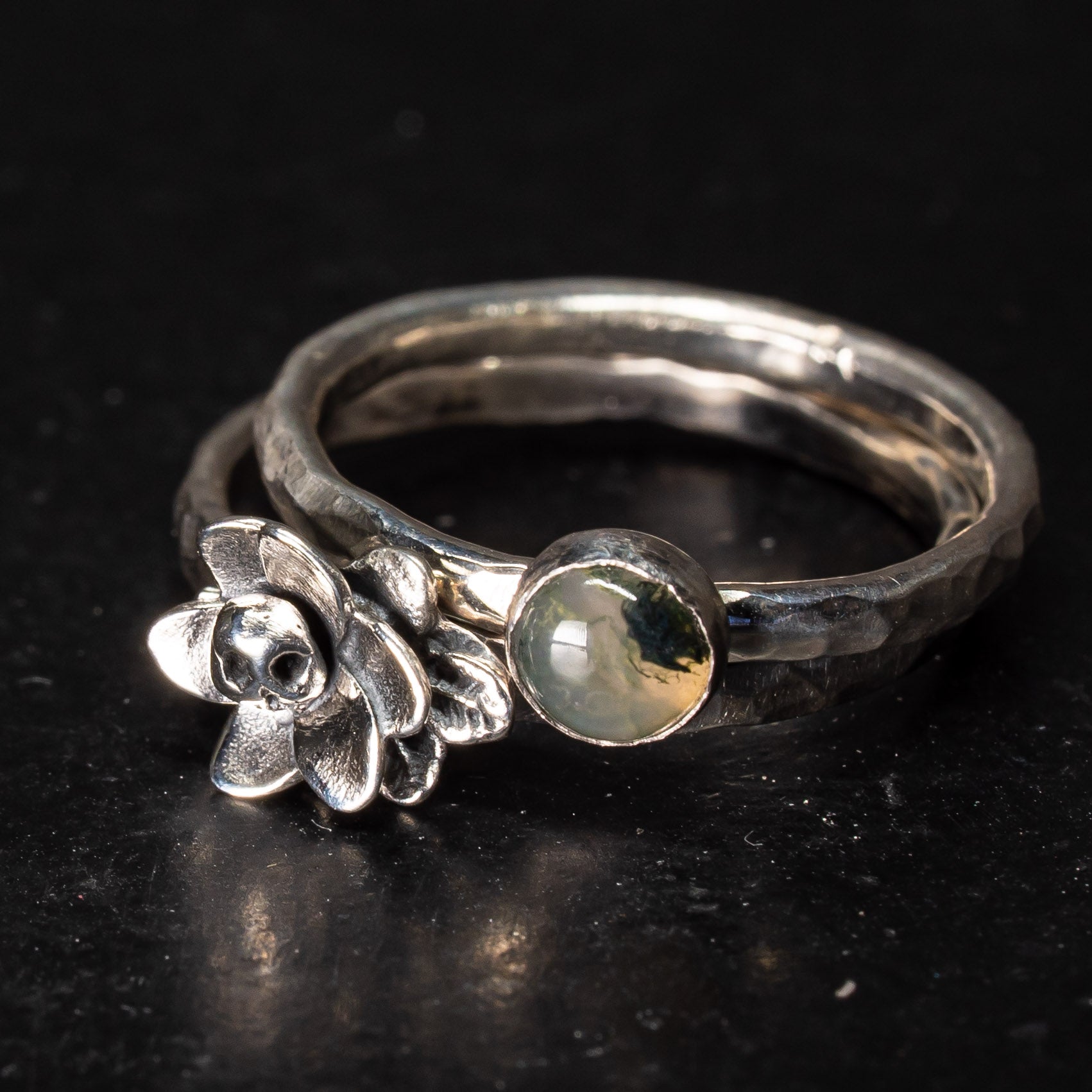 witchy stacking rings with moss agate and belladonna plant detail